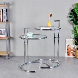 Mesa RONDA, ruedas, cristal transparente, 40 x 40 cms
